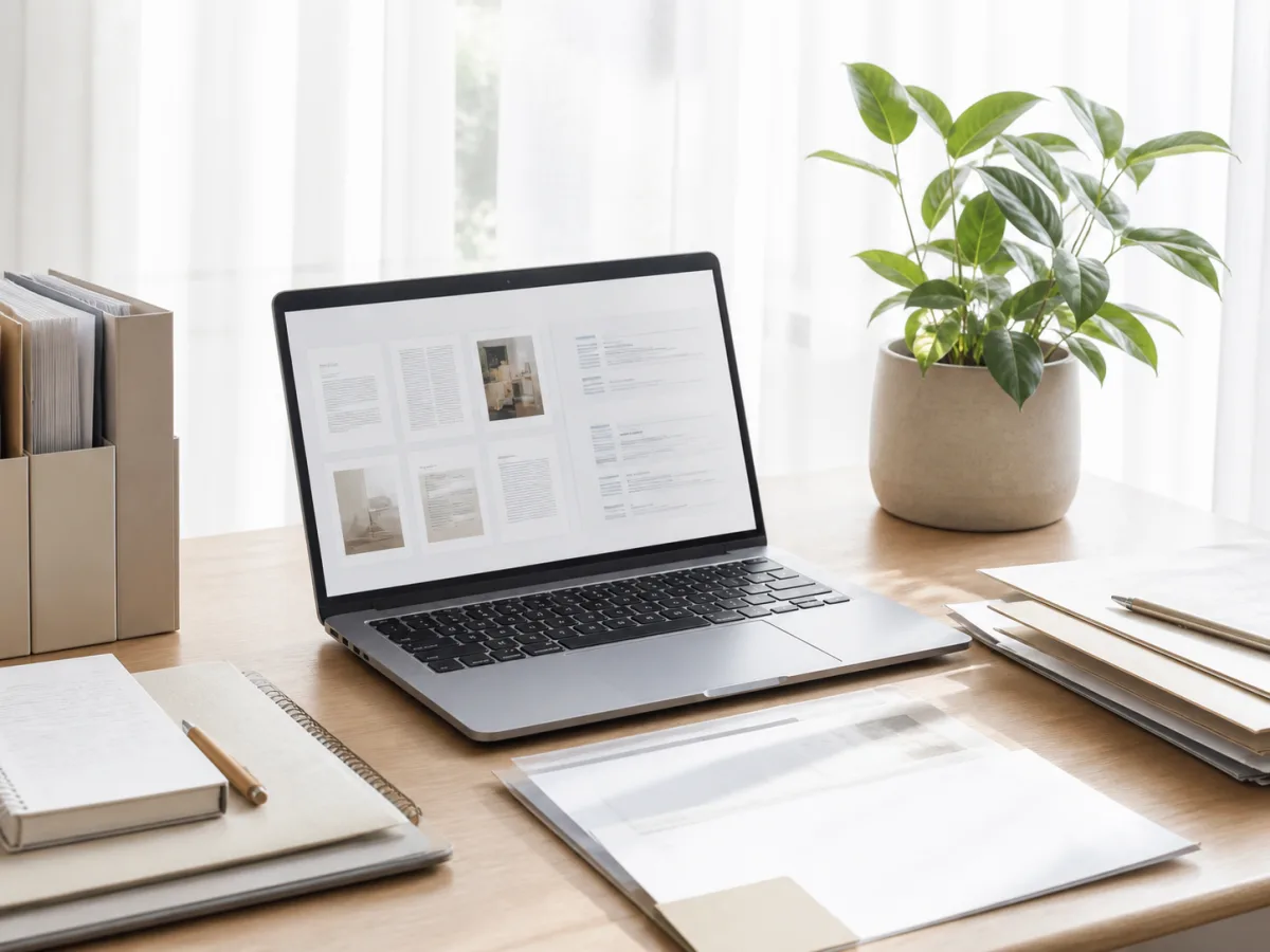 Repetitive documents and emails being organized on a laptop