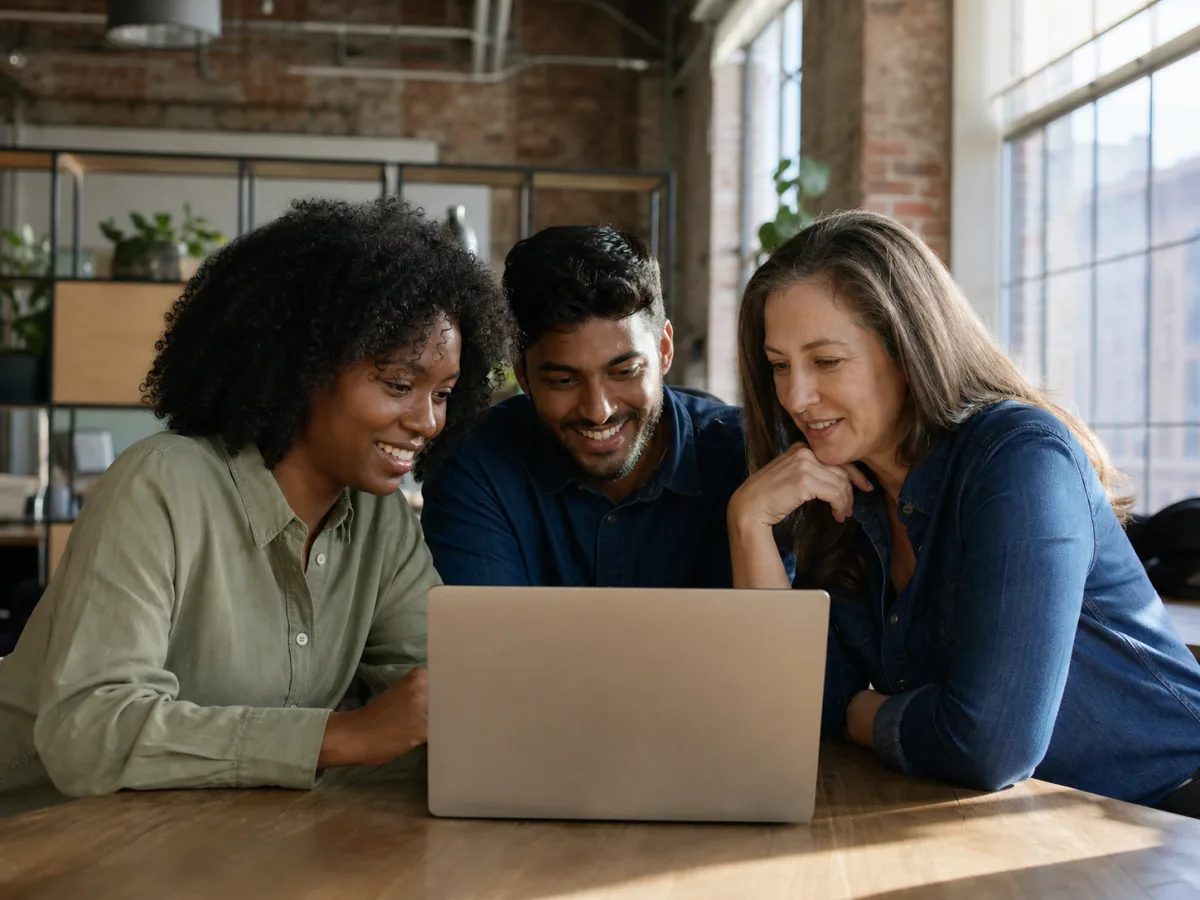 A small team learning AI tools together around a laptop