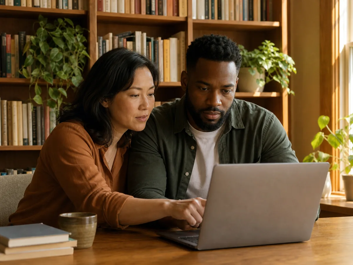 A coach and client working through a real task together at a laptop
