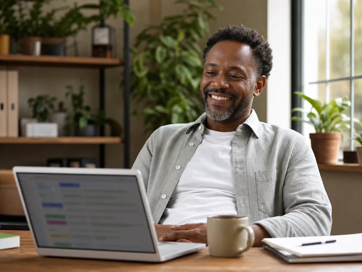 A small-business owner smiling as his business shows up in results