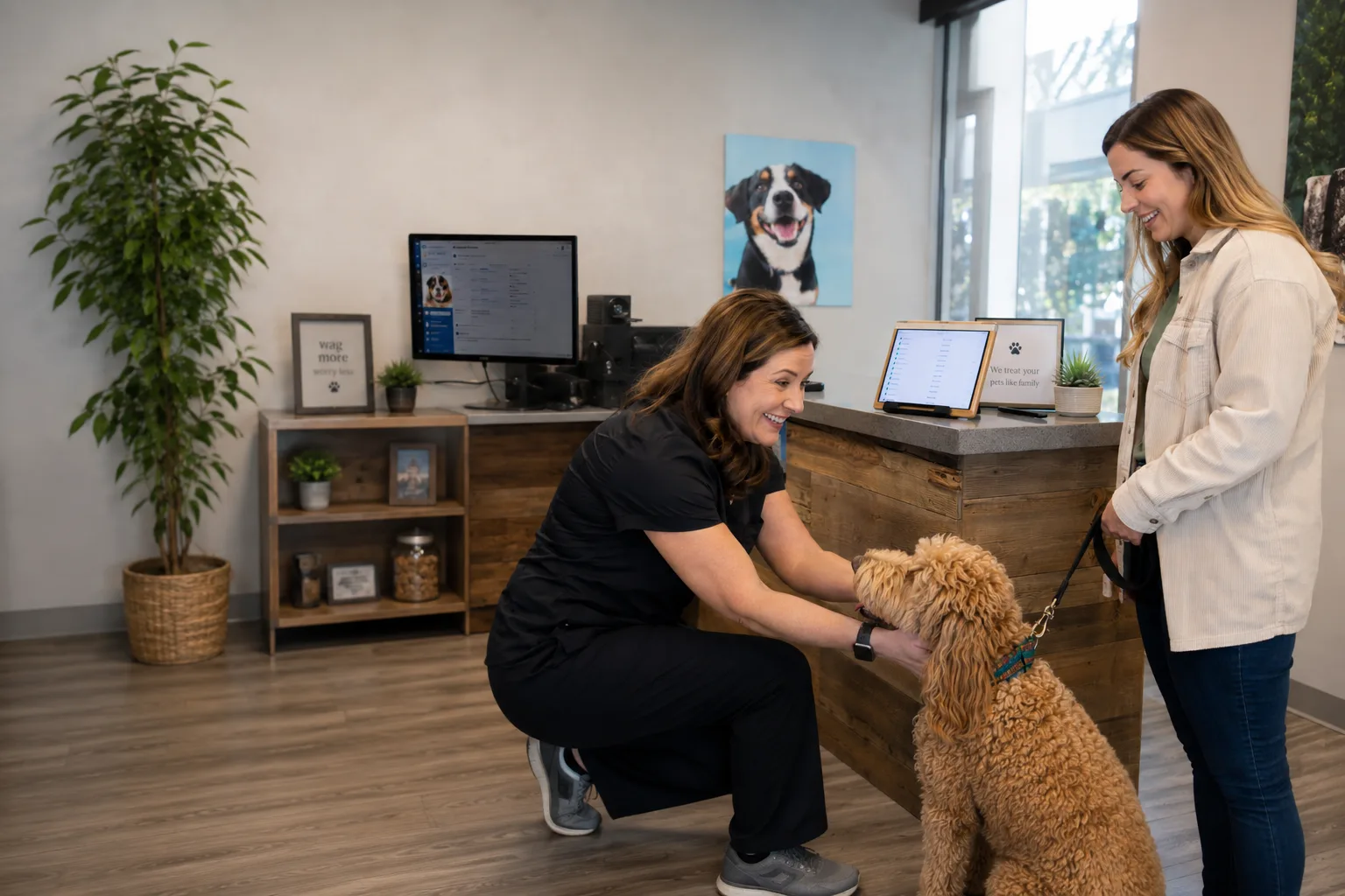 A vet clinic worker greeting a dog and its owner at the front desk