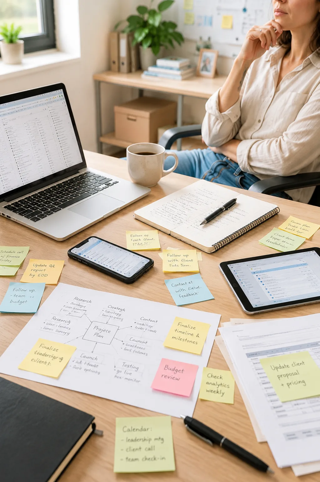 A cluttered desk piled with papers, tabs, and sticky notes