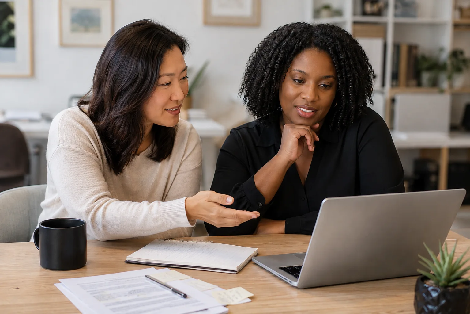 A coach and client reviewing work together at a laptop