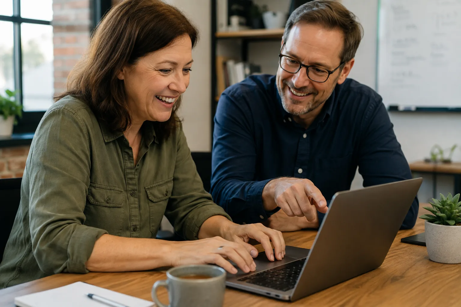 Two people smiling as they practice on a laptop together